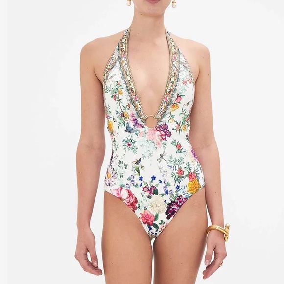 CAMILLA RING DETAIL PLUNGE V ONE PIECE, PLUMES AND PARTERRES SZ S 429$ - Picture 5 of 12